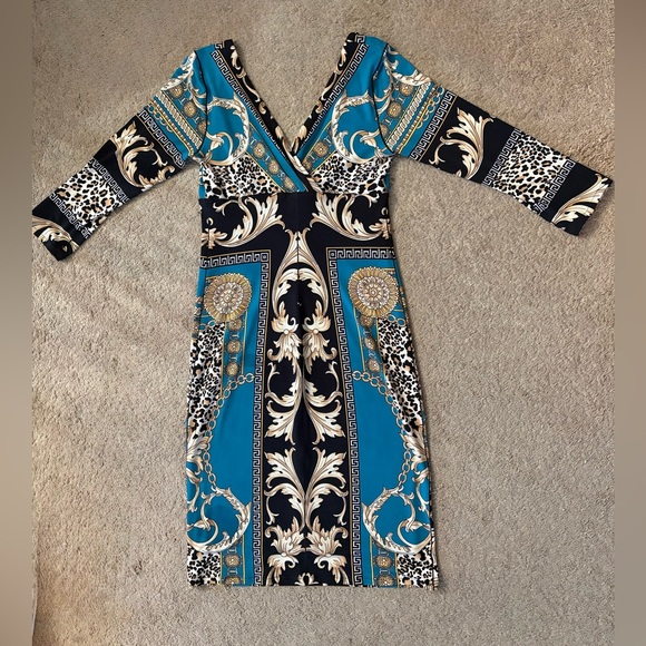 Eva Varro Teal Black Bodycon Dress w Baroque,Chain,Leopard Print size Small - Picture 6 of 8